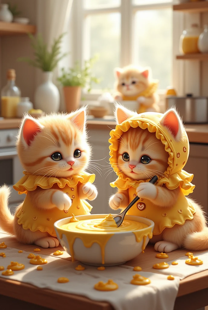  cats wearing a pudding costume, babys making a pudding 