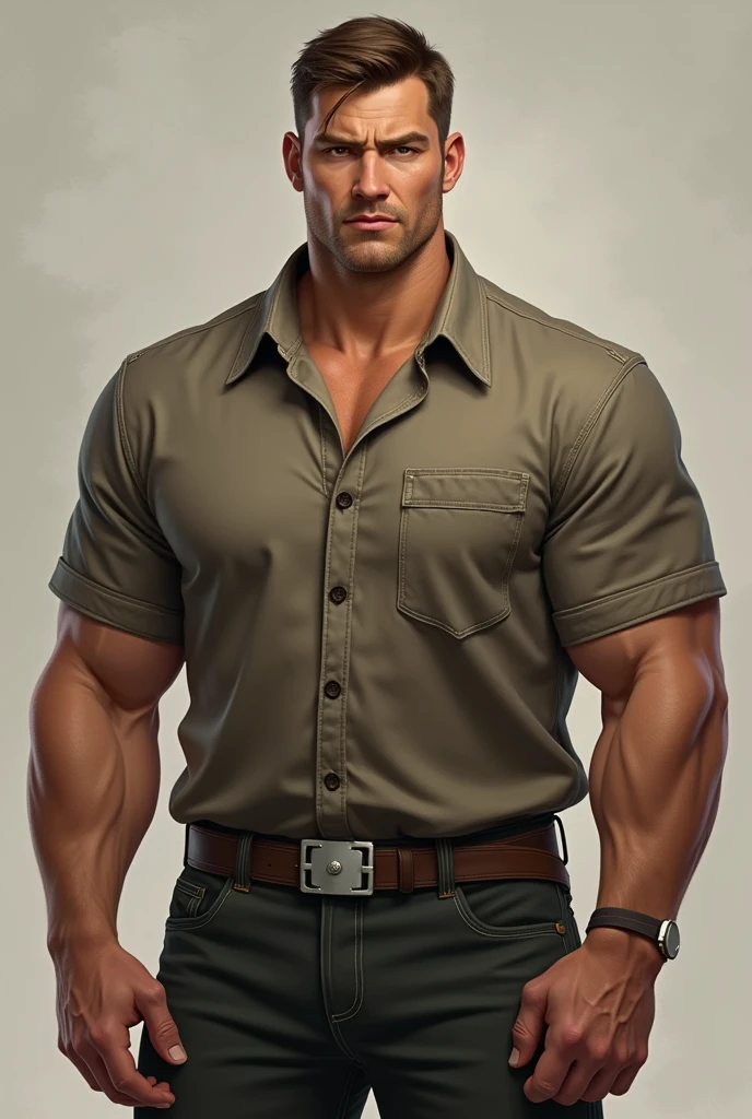 Create a robust man with 1 buttoned clothes.90 with brown hair approximately 25