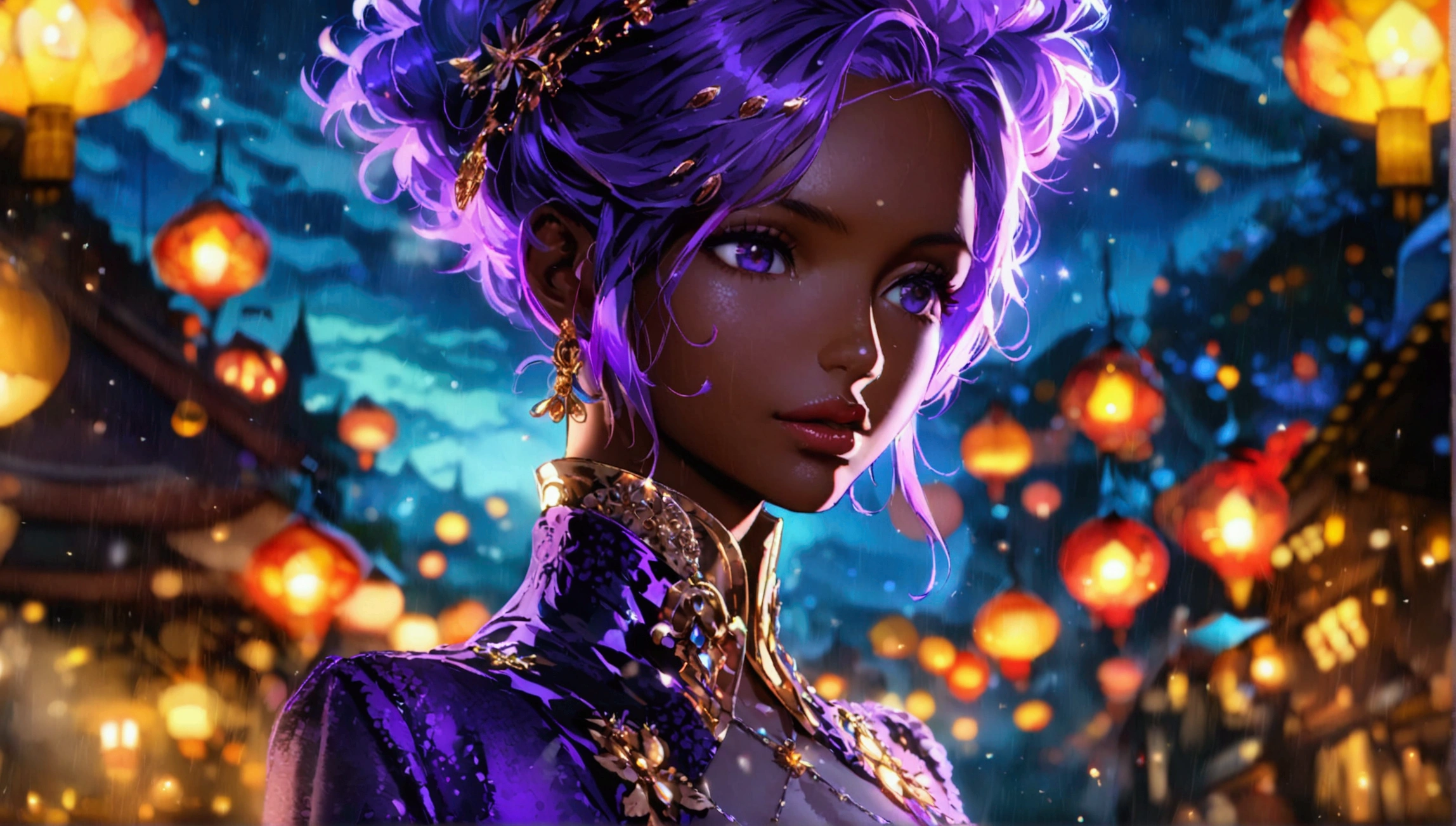 Woman, dark skin, vibrant purple hair, luxurious dress with high collar, calm expression, dark night scenery, "One Piece-inspired character design, stunning lighting, stunning focus, stunning face, creative details, ultra-fine 2D design, creative scenery, boasting anime resolution clarity, amazing anime resolution, high-octane rendering"