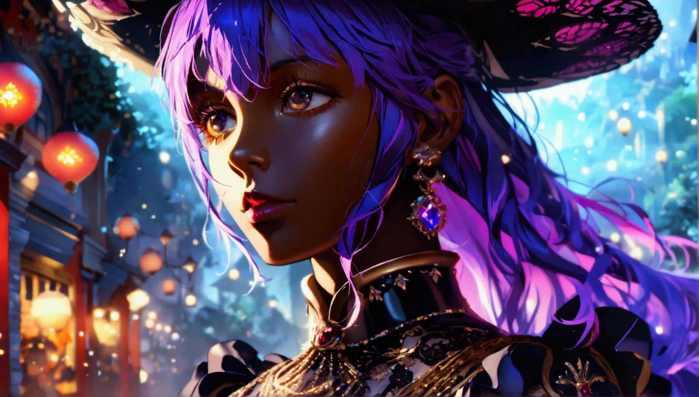 Woman, dark skin, vibrant purple hair, luxurious dress with high collar, calm expression, dark night scenery, "One Piece-inspired character design, stunning lighting, stunning focus, stunning face, creative details, ultra-fine 2D design, creative scenery, boasting anime resolution clarity, amazing anime resolution, high-octane rendering"