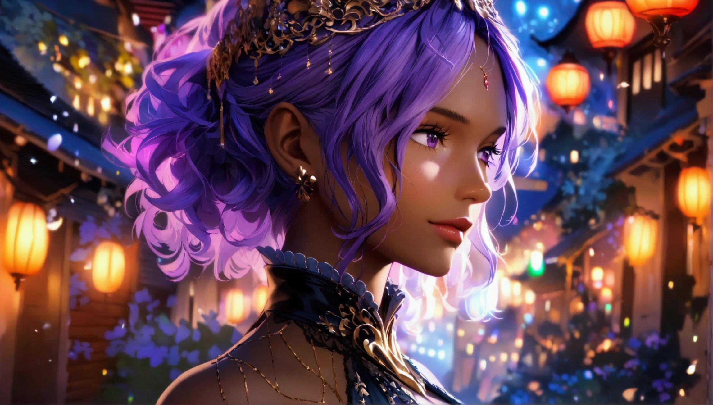 Woman, dark skin, vibrant purple hair, luxurious dress with high collar, calm expression, dark night scenery, "One Piece-inspired character design, stunning lighting, stunning focus, stunning face, creative details, ultra-fine 2D design, creative scenery, boasting anime resolution clarity, amazing anime resolution, high-octane rendering"