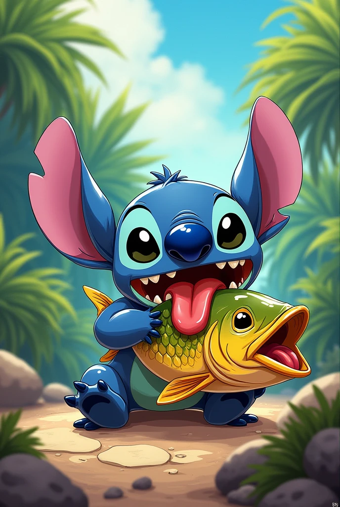 Stitch qui mange un gros poisson