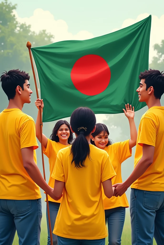 Volunteering image, wearing yellow t shirt, holding a Bangladesh flag, huge Volunteer working together, cartoon image, male - female, image from back side.