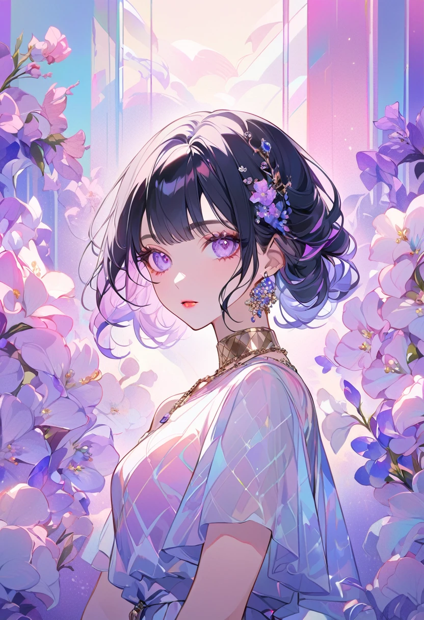 Create an elegant anime-style portrait of a young woman with short, black hair adorned with vibrant, colorful flowers, including pink and purple orchids. The woman should have a soft, delicate expression with light makeup, featuring red eyeliner and pink lips. Her gaze should be slightly downward. She is wearing a stylish, modern outfit with a semi-transparent top in pastel colors, reflecting a combination of pink, blue, and purple hues. Her accessories include a large, gold choker necklace, long blue earrings, and her nails are painted in a matching shade of blue. The background should have a soft, abstract design with warm lighting and subtle, multicolored reflections that complement the overall color scheme of the image