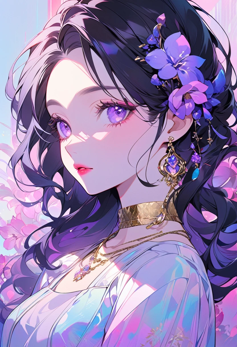 Create an elegant anime-style portrait of a young woman with short, black hair adorned with vibrant, colorful flowers, including pink and purple orchids. The woman should have a soft, delicate expression with light makeup, featuring red eyeliner and pink lips. Her gaze should be slightly downward. She is wearing a stylish, modern outfit with a semi-transparent top in pastel colors, reflecting a combination of pink, blue, and purple hues. Her accessories include a large, gold choker necklace, long blue earrings, and her nails are painted in a matching shade of blue. The background should have a soft, abstract design with warm lighting and subtle, multicolored reflections that complement the overall color scheme of the image
