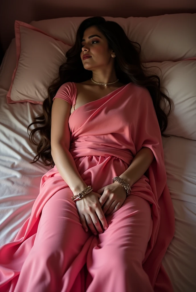 beautiful indian woman , wearing saree , pink saree, handcuffed ,lie on bed 
looking condition very romantic , bound
 by rope 