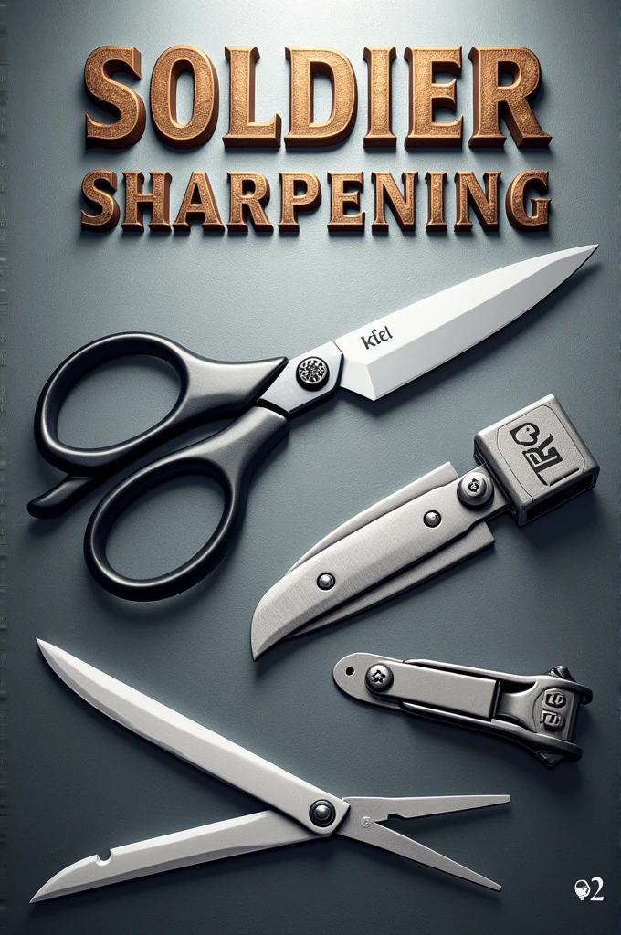  a banner in portrait orientation, with a metallic texture background with clean and professional gray and silver accents. At the top, The title "SOLDIER SHARPENING" in striking letters, with a font that conveys strength and confidence.


In the center of the banner, highlight the sharpening of scissors and knives, with images or icons representing these items. To give a special touch, also include an illustration of nail clippers being sharpened, perhaps with a line connecting all the elements.

