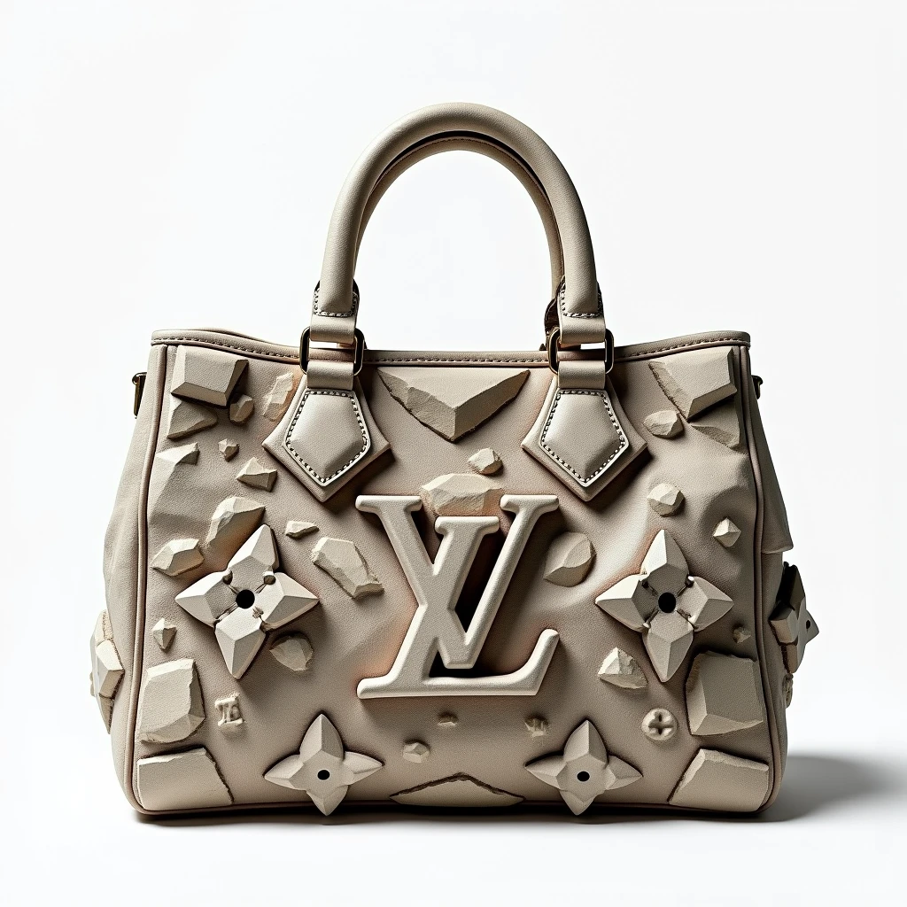 Hyper-realistic image of a Louis Vuitton handbag made from jagged stone and rock fragments, photorealistic product photography, ultra-high resolution, extreme detail, studio lighting setup, soft shadows, crisp focus, shot with a Canon EOS R5 and 100mm macro lens, f/11 aperture, ISO 100, 1/125 second shutter speed, professional product photography by Tim Tadder, commercial luxury goods photography style, seamless white background, 8K resolution, post-processed in Adobe Lightroom and Photoshop for color accuracy and sharpness.