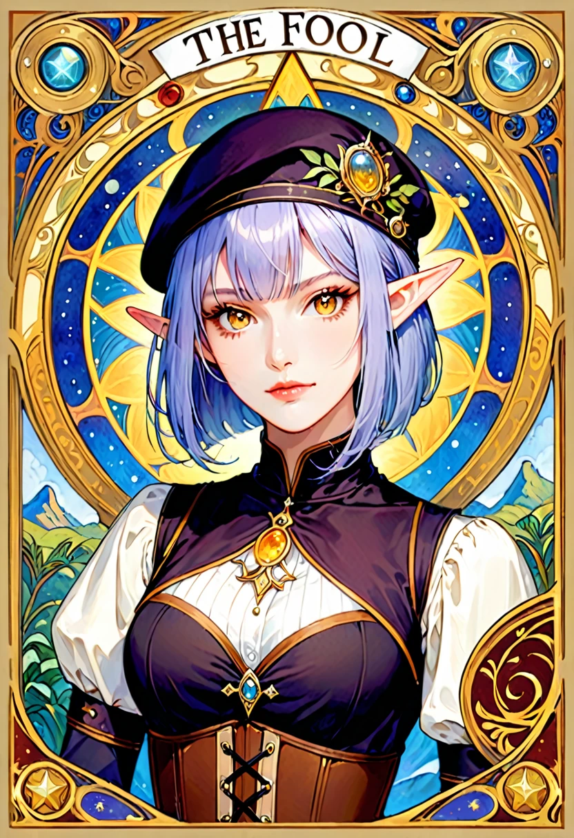 PnyCmicXLPOS, nsfwEMPXL, score_9, score_8_up, score_7_up, (absurdres, highres, ultra detailed), (portrait, solo, 1girl :1.5 ), (frown:1.1), woman, (elven ears:1.2), (yellow eyes:1.3), (thin, skinny, girl with long bob cut, straight hair :1.4) , (grey hair:1.3) , beautiful girl , (adventurer outfit, fantasy outfit, brown and black outfit, biege blouse, corset vest, :1.4), fantasy outfit, adventurer outfit, , finely detailed eyes and detailed face, the fool \tarot\, bard, clown, Symbolism, Visual art, Occult, Universal, Vision casting, Philosophical, Iconography, Numerology, Popularity, Artistic, Alfons Mucha