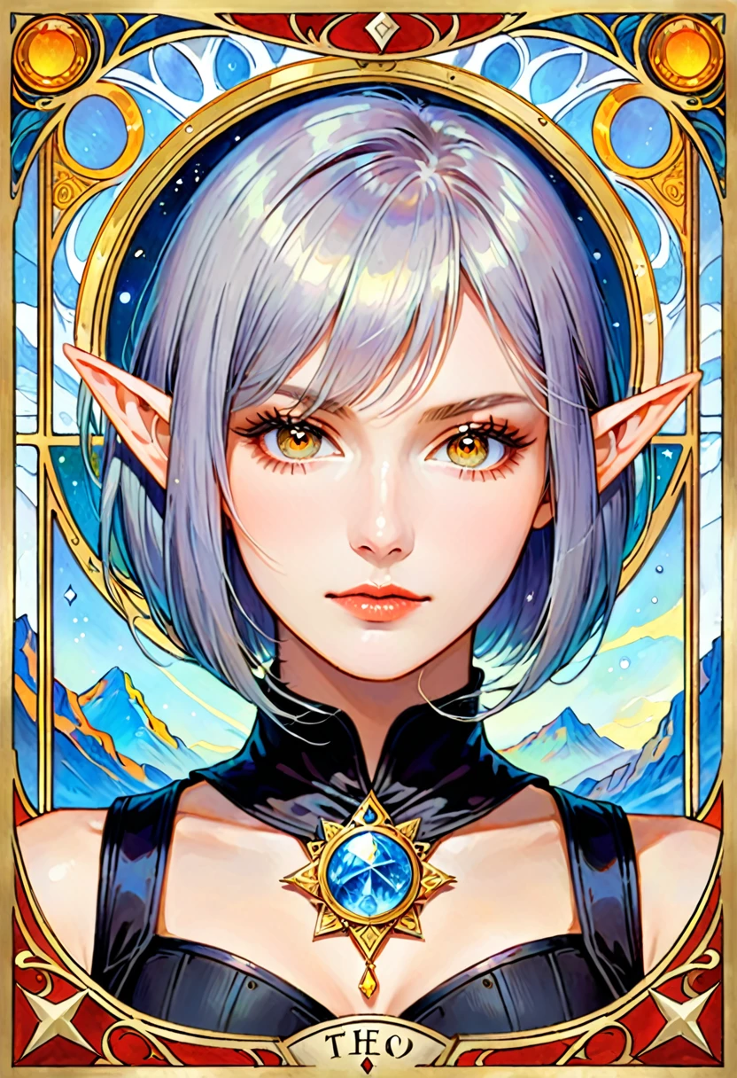 PnyCmicXLPOS, nsfwEMPXL, score_9, score_8_up, score_7_up, (absurdres, highres, ultra detailed), (portrait, solo, 1girl :1.5 ), (frown:1.1), woman, (elven ears:1.2), (yellow eyes:1.3), (thin, skinny, girl with long bob cut, straight hair :1.4) , (grey hair:1.3) , beautiful girl , (adventurer outfit, fantasy outfit, brown and black outfit, biege blouse, corset vest, :1.4), fantasy outfit, adventurer outfit, , finely detailed eyes and detailed face, the fool \tarot\, bard, clown, Symbolism, Visual art, Occult, Universal, Vision casting, Philosophical, Iconography, Numerology, Popularity, Artistic, Alfons Mucha