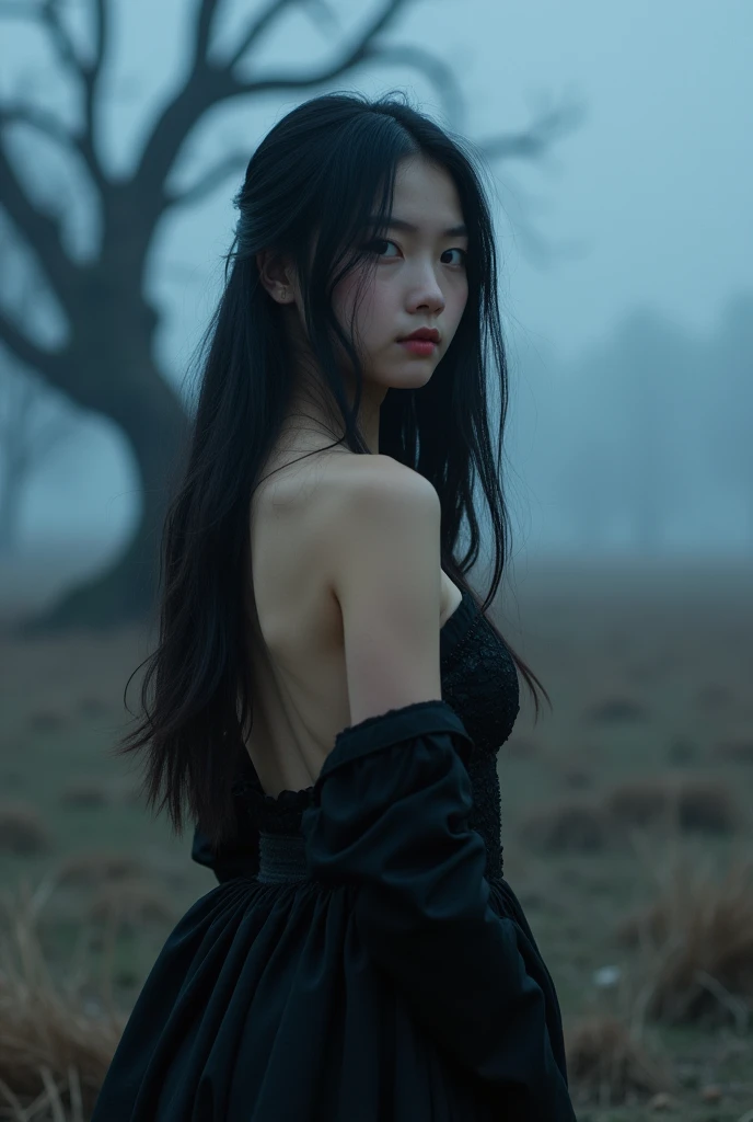 (Highly detailed and realistic image.), (Best angle shot), (Natural lighting), Photo of a 19 years old Asian girl, good physical shape, Pale skin, A beautiful face with youthful and elegant appearance, long black hair, Calm attitude, She covered her naked body with a ((black)) Renaissance dress, Standing in a misty landscape with blue ambiance, Dead oak tree, Interplay of contrasts along with detailed light and shadow, Depth of field, Dark and snowy in a distant background, No clothing