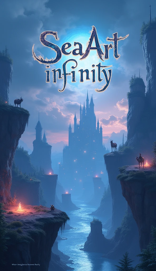 Generate a fantasy-themed poster using 'SeaArt Infinity.' The image should depict a mystical landscape with floating islands, magical creatures, and a glowing castle in the distance. Use ethereal, otherworldly colors and soft lighting to create a sense of wonder. The title 'SeaArt Infinity' should be written in an ancient, rune-like font, glowing faintly at the center. Include the words 'Where Imagination Becomes Reality' at the bottom in a delicate, cursive font. (Fantasy, dreamlike, high contrast, 8K quality).