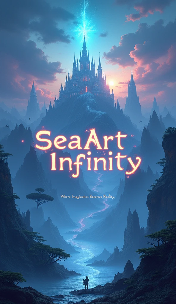 Generate a fantasy-themed poster using 'SeaArt Infinity.' The image should depict a mystical landscape with floating islands, magical creatures, and a glowing castle in the distance. Use ethereal, otherworldly colors and soft lighting to create a sense of wonder. The title 'SeaArt Infinity' should be written in an ancient, rune-like font, glowing faintly at the center. Include the words 'Where Imagination Becomes Reality' at the bottom in a delicate, cursive font. (Fantasy, dreamlike, high contrast, 8K quality).