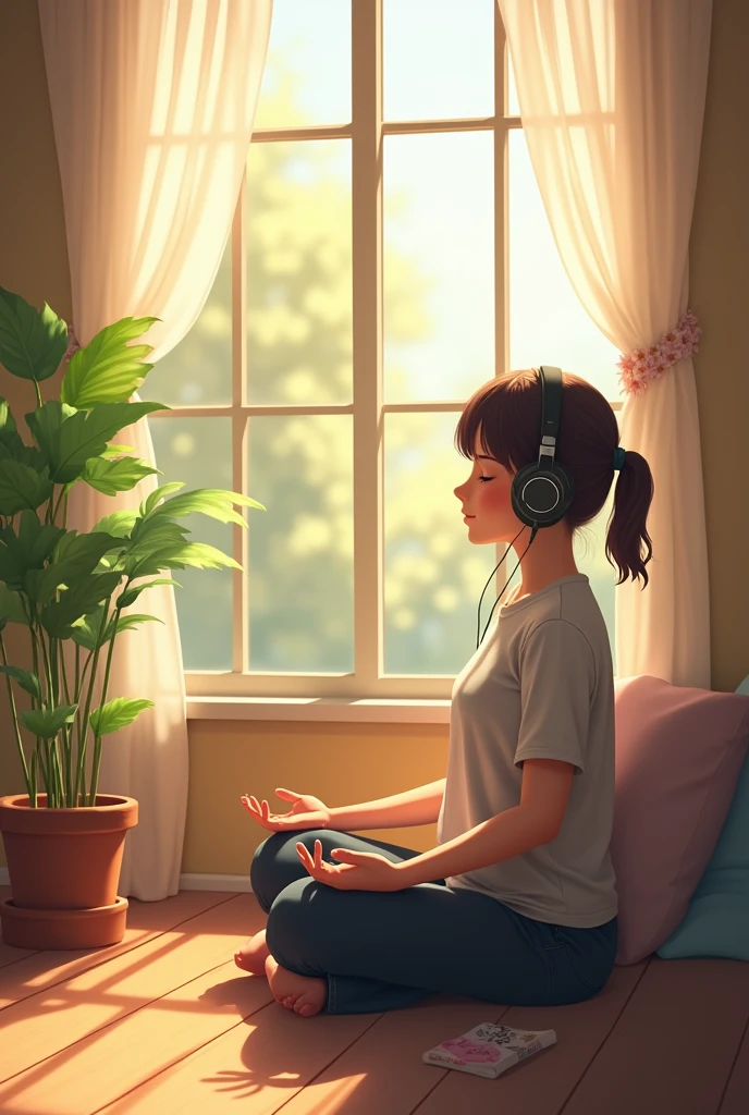  With headphones, Meditating, Opening a window, room, Quiet atmosphere, Soft sunlight, Cozy atmosphere, Relaxing Music, Calm expression, Eyes closed, Comfortable seats, Wooden floor, Floral curtains, Green plants, Natural wind, Calming vibrations, Soft rays of light, Quiet environment, Silence, Harmony, Tranquility, Deep relaxation, Calming colors, Positive Energy, Mindfulness, lucky, introspective, Inner journey, Tranquility, Escape from the outside world、high school girl、Looks sleepy
