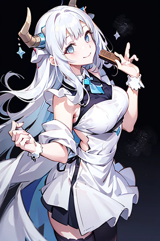 portrait, maid costume，white apron， White Demon Horns，white hair，blue eyes，Smile，long hair，black，Half body，Fingers without defects，2k