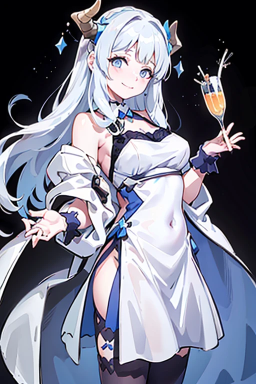 portrait, maid costume，white apron， White Demon Horns，white hair，blue eyes，Smile，long hair，black，Half body，Fingers without defects，2k