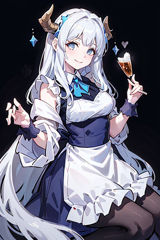 portrait, maid costume，white apron， White Demon Horns，white hair，blue eyes，Smile，long hair，black，Half body，Fingers without defects，2k