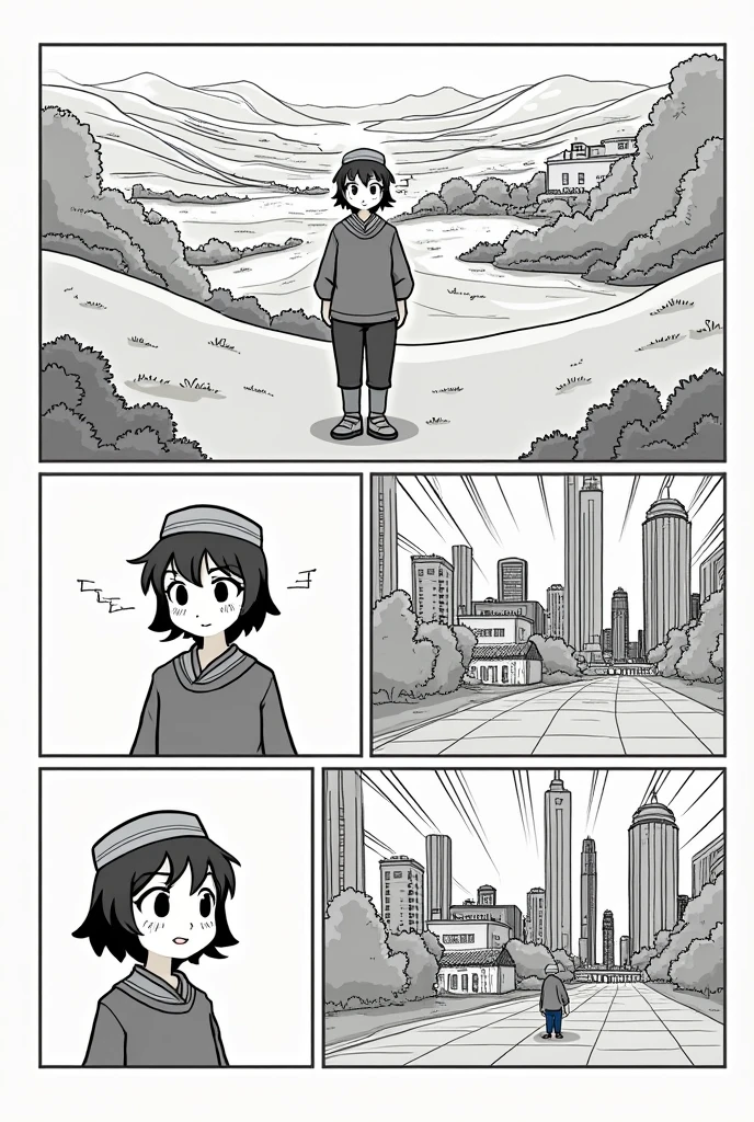 Create a simple short comic strip in which a character leaves the countryside in search of a job in the city.