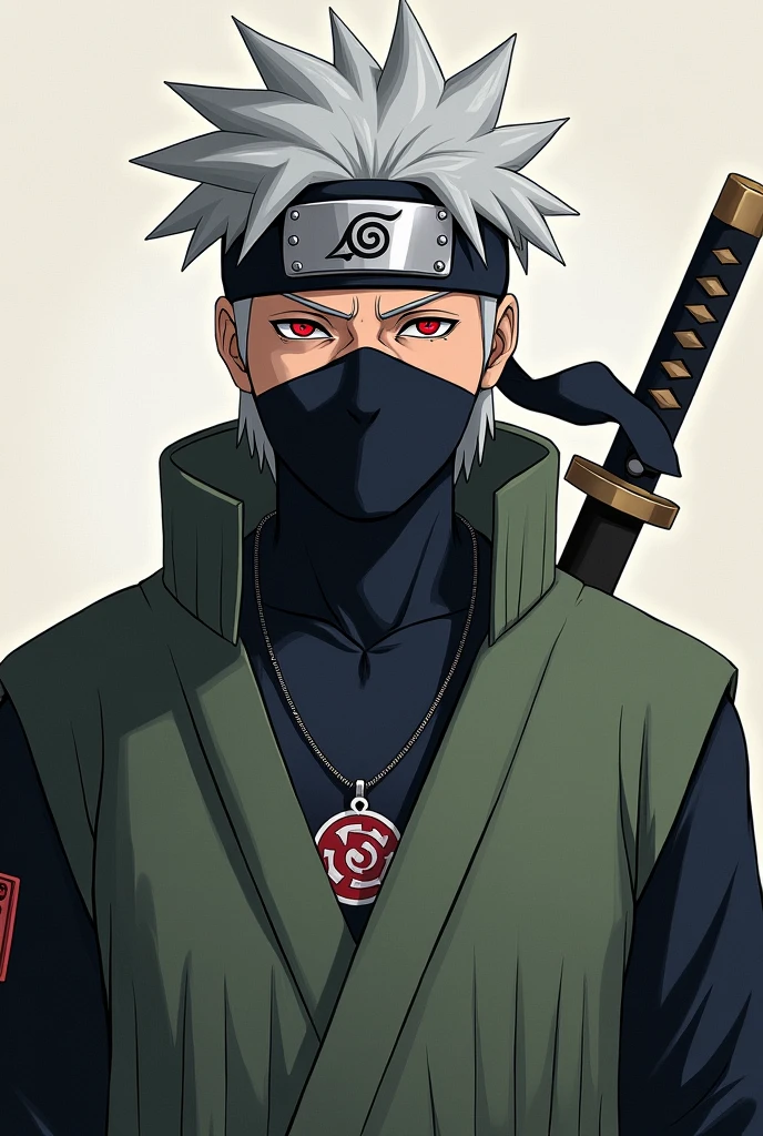 Imagine a ninja character with graying hair, similar a Kakashi. He wears a bandana across his forehead., with the symbol of Konoha. His clothes are traditional ninja clothes., with a functional and practical style. On his side, He carries a katana that appears to be well maintained.. besides, He wears a necklace with the symbol of the Hatake clan., showing their pride in their roots.
This character has a calm attitude, Transmitting confidence and calm. The combination of his appearance and attitude reflects the essence of an experienced ninja., but with a personal and distinctive touch.