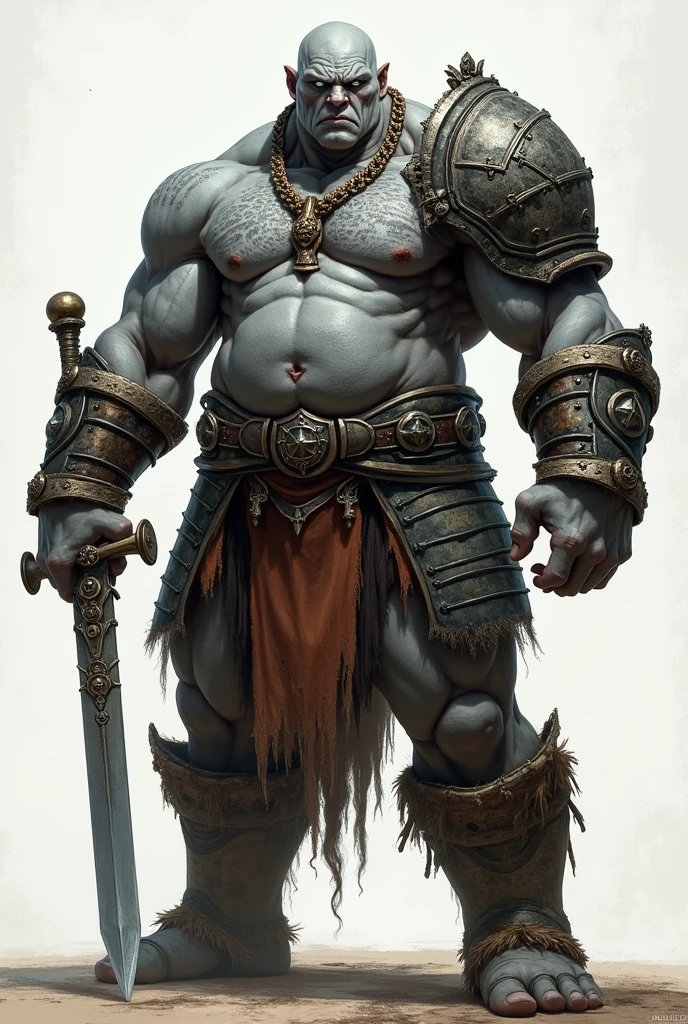 Profile picture from the waist up for use in a RPG group of a goliath Height and Weight: Height of 2,28 meters and weighs 140 kg.
Skinned: His skin is gray with dark marks that spread all over his body..
hairs: he is bald.
eyeballs: His eyes are a pale blue Armor: He wears heavy armor that covers his entire body Weapon: In your hand, holds a long sword, that seems like an extension of his own strength and shield Wears a necklace of the goliath tribe 