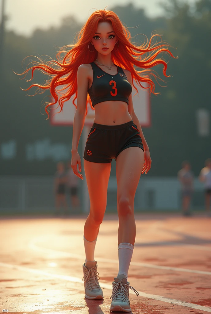 ((masterpiece, Best quality, a high resolution, Perfect Pixel, 8 K))), 1 girl、the whole body is visible、 ((bang、Gorgeous red hair))、(( Beautiful eyelashes、Realistic eyes))、 ((Detailed face, blushing:1.2))、((Smooth texture:0.75, realistic texture:0.65, photorealistic:1.1, Anime CG Style))、Dynamic angle、perfect body、Women&#39;s sports skirt、 standing、Background Basketball court、Basketball jersey、Perfect realistic representation of face、(not good)、seducing face at viewer、Beautiful portrait、very high quality、A slim body、ultra high resolution、 insanely detailed face、Ultra high quality、ultra high definition、Best quality)、wet thighhighs、insanely detailed dress、realistic representation of a face、curvy body、shoes、White skin、posing for a hot photo、better image quality、better clarity、 highest resolution、permission 8k、ultra a high resolution、Beautiful smile、Beautiful eyelashes、Beautiful face、gorgeous representation of a face、curvy body、perfect body、viewer front view、ful body pose、to erect through、Brilliant sweat、dynamic lightning、perfect body、dynamic lightning、 (innocent_big_eyes:1.0)、Bright_Front_face_Lighting、Shiny skin、hips:1.2、(Bright_color:1.2)、full body shot、Professional photography、(Beautiful,big_breast:1.4)、 (Beautiful_face:1.5)、(narrow_waist)