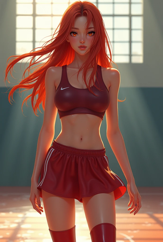 ((masterpiece, Best quality, a high resolution, Perfect Pixel, 8 K))), 1 girl、the whole body is visible、 ((bang、Gorgeous red hair))、(( Beautiful eyelashes、Realistic eyes))、 ((Detailed face, blushing:1.2))、((Smooth texture:0.75, realistic texture:0.65, photorealistic:1.1, Anime CG Style))、Dynamic angle、perfect body、Women's sports skirt、 standing、Background Basketball court、Basketball jersey、Perfect realistic representation of face、(not good)、seducing face at viewer、Beautiful portrait、very high quality、A slim body、ultra high resolution、 insanely detailed face、Ultra high quality、ultra high definition、Best quality)、wet thighhighs、insanely detailed dress、realistic representation of a face、curvy body、shoes、White skin、posing for a hot photo、better image quality、better clarity、 highest resolution、permission 8k、ultra a high resolution、Beautiful smile、Beautiful eyelashes、Beautiful face、gorgeous representation of a face、curvy body、perfect body、viewer front view、ful body pose、to erect through、Brilliant sweat、dynamic lightning、perfect body、dynamic lightning、 (innocent_big_eyes:1.0)、Bright_Front_face_Lighting、Shiny skin、hips:1.2、(Bright_color:1.2)、full body shot、Professional photography、(Beautiful,big_breast:1.4)、 (Beautiful_face:1.5)、(narrow_waist)