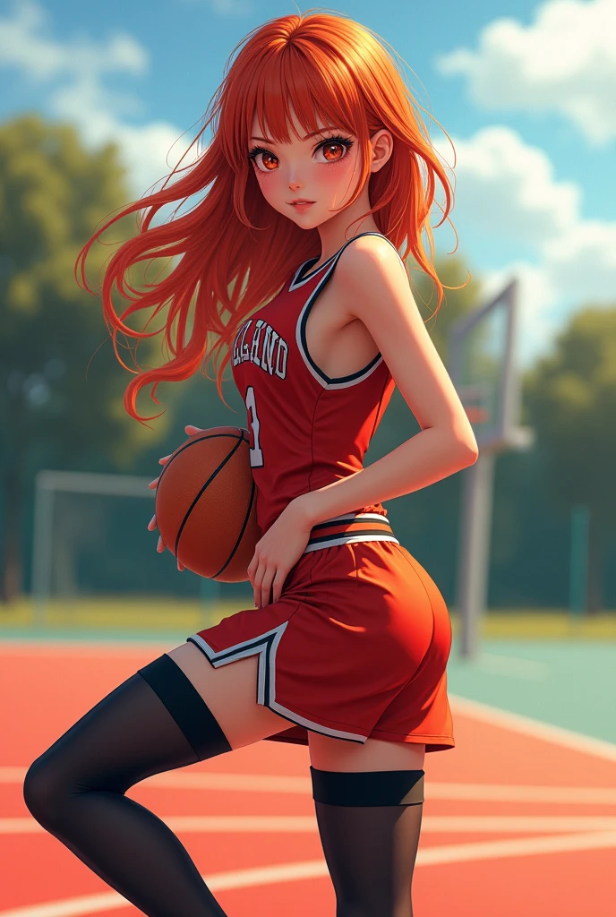 ((masterpiece, Best quality, a high resolution, Perfect Pixel, 8 K))), 1 girl、the whole body is visible、 ((bang、Gorgeous red hair))、(( Beautiful eyelashes、Realistic eyes))、 ((Detailed face, blushing:1.2))、((Smooth texture:0.75, realistic texture:0.65, photorealistic:1.1, Anime CG Style))、Dynamic angle、perfect body、Women's sports skirt、 standing、Background Basketball court、Basketball jersey、Perfect realistic representation of face、(not good)、seducing face at viewer、Beautiful portrait、very high quality、A slim body、ultra high resolution、 insanely detailed face、Ultra high quality、ultra high definition、Best quality)、wet thighhighs、insanely detailed dress、realistic representation of a face、curvy body、shoes、White skin、posing for a hot photo、better image quality、better clarity、 highest resolution、permission 8k、ultra a high resolution、Beautiful smile、Beautiful eyelashes、Beautiful face、gorgeous representation of a face、curvy body、perfect body、viewer front view、ful body pose、to erect through、Brilliant sweat、dynamic lightning、perfect body、dynamic lightning、 (innocent_big_eyes:1.0)、Bright_Front_face_Lighting、Shiny skin、hips:1.2、(Bright_color:1.2)、full body shot、Professional photography、(Beautiful,big_breast:1.4)、 (Beautiful_face:1.5)、(narrow_waist)