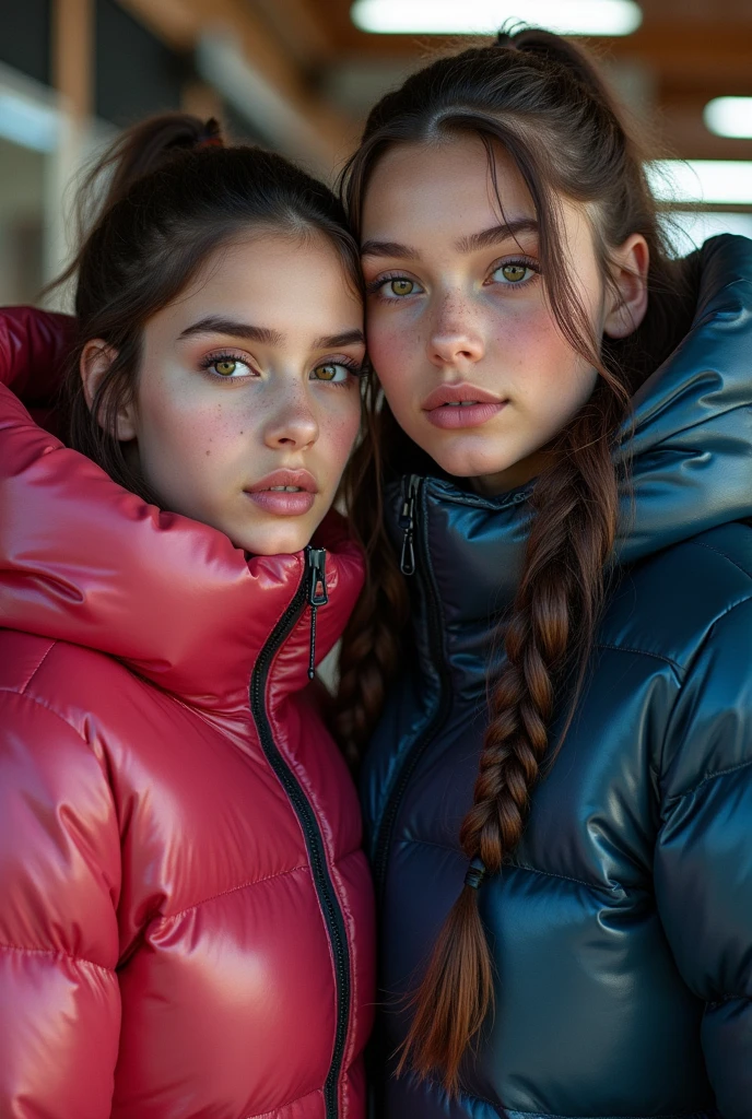  a slim ponytail 16 year old girl and her bestie,beautiful detailed eyes,beautiful freckles,beautiful detailed lips,extremely detailed eyes and face,longeyelashes,in beautiful detailed hooded  formfitting duvetica overfilled shiny super gleamy super thick glossy fully-unzipped puffer jacket covering her zipped super padded skisuit,latex  stirrup legging,symmetrical,standing in a pufferstore,masterpiece,cinematic,lifelike,hyperrealistic,8k,photorealistic,highly detailed,intricate,exquisite,elegant,beautiful,stunning, head to toes photo