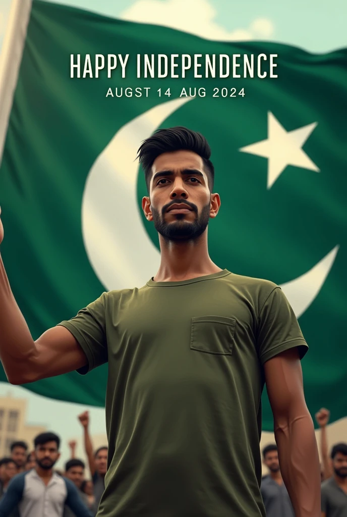 Happy Independence Day 14 August 2024 is written on big flag of Pakistan and a 25-year-old boy is standing in front of him wearing Army T-shirt, with name "Uzair" written on t shirt, and holding the Pakistani flag in his hand, 3D art painting realistic high quality photo