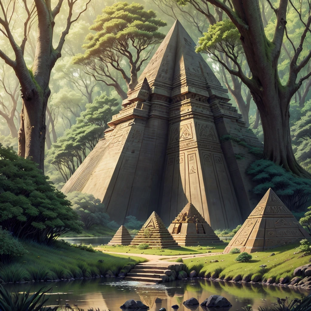 Pyramids in the forest, pharaohs, huge trees, roses, spring, lake
