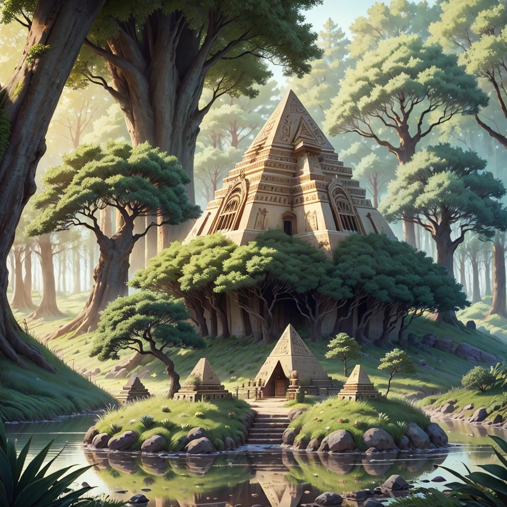 Pyramids in the forest, pharaohs, huge trees, roses, spring, lake