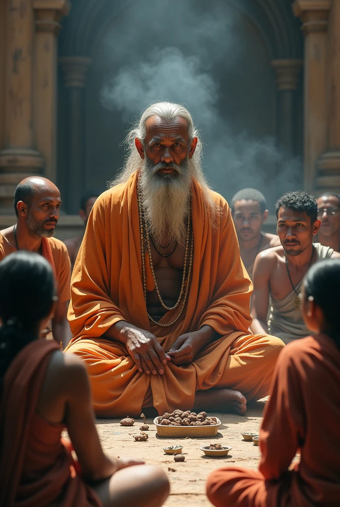 Spiritual Teachings : Guru Gorakhnath imparting wisdom to a group of disciples, with visual elements illustrating traditional tedium and spiritual practice. In dall e-3 style