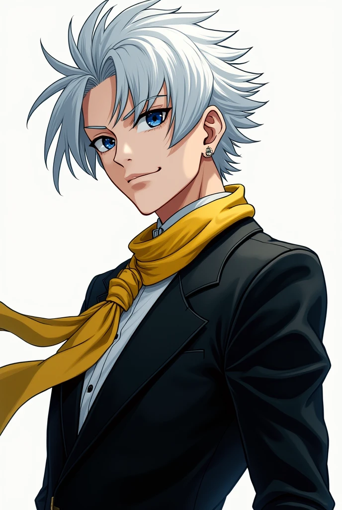 Chrollo Lucifer from Hunter X Hunter, with white hair and dark blue eyes, make the drawing in manga style, make him in a sideways pose, don't forget to make his eyes a very dark blue , and the outfit with an elegant black suit and a yellow scarf.