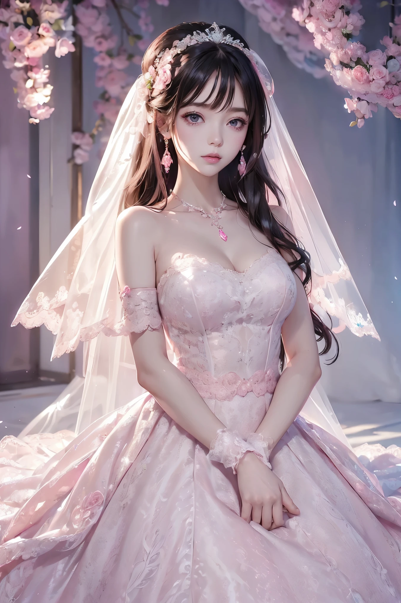 (Beautiful, Best Quality, High Quality, Masterpiece: 1.3), Solo, Solo Focus, Water Snake Waist, Big Eyes, (Pink Lace Wedding Dress: 1.39), Veil, Wedding Gloves, Bracelets, Crystal Earrings, Crystal Necklace, (No Background), 1Girl, Flowing Light, Fairy Scenery Hanfu Crane, Clouds and Mists