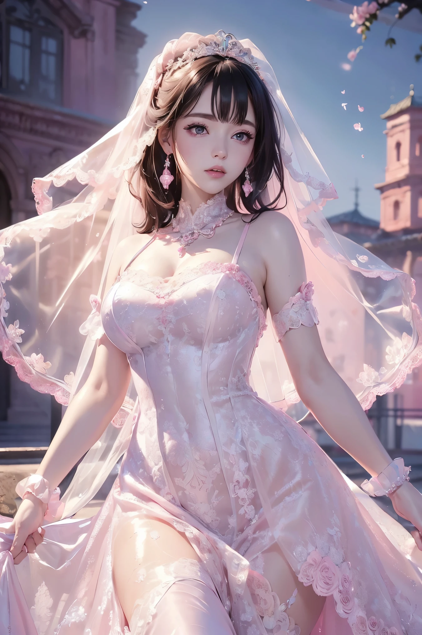 (Beautiful, Best Quality, High Quality, Masterpiece: 1.3), Solo, Solo Focus, Water Snake Waist, Big Eyes, (Pink Lace Wedding Dress: 1.39), Veil, Wedding Gloves, Bracelets, Crystal Earrings, Crystal Necklace, (No Background), 1Girl, Flowing Light, Fairy Scenery Hanfu Crane, Clouds and Mists