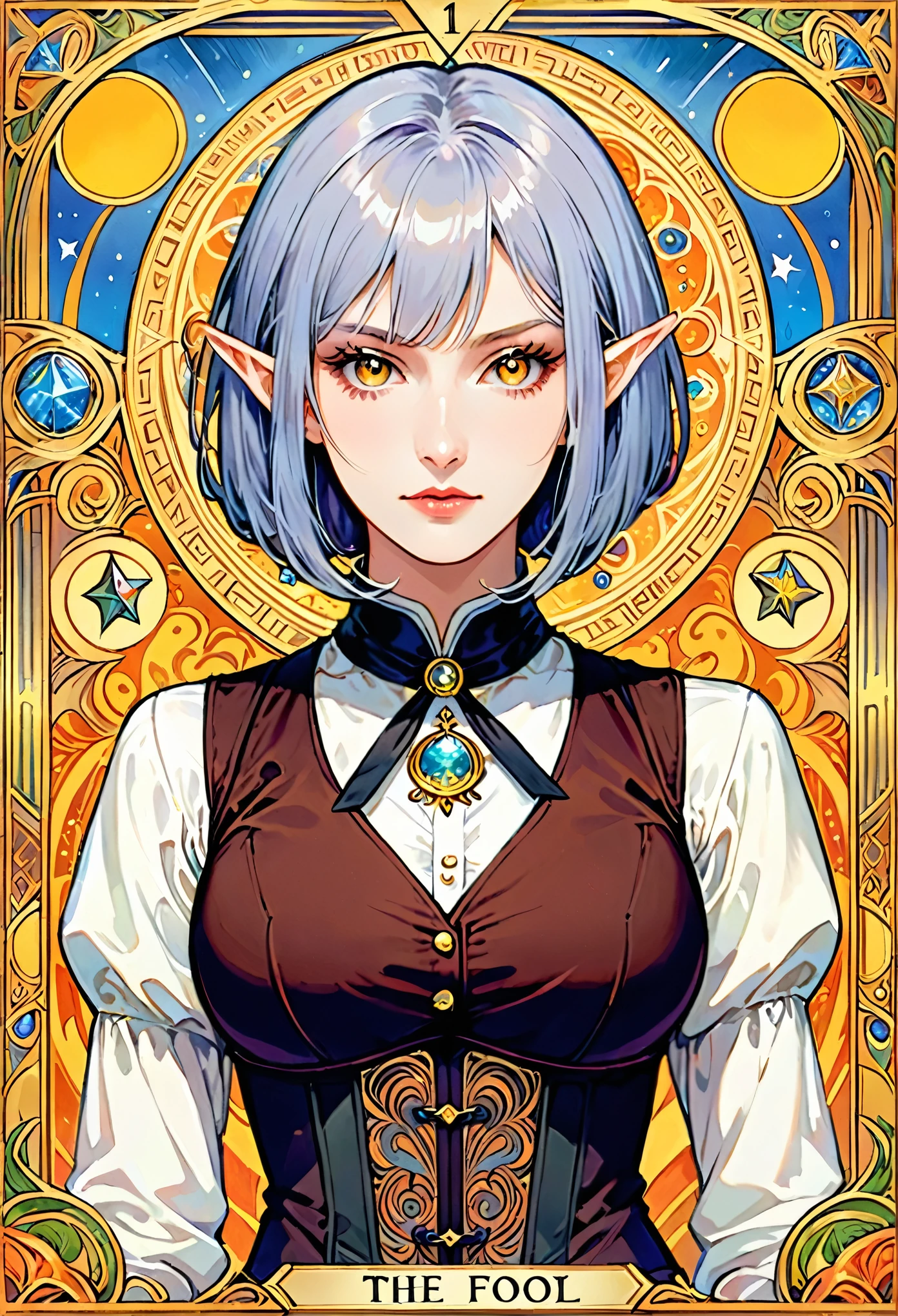 PnyCmicXLPOS, nsfwEMPXL, score_9, score_8_up, score_7_up, (absurdres, highres, ultra detailed), (portrait, solo, 1girl :1.5 ), (frown:1.1), woman, (elven ears:1.2), (yellow eyes:1.3), (thin, skinny, girl with long bob cut, straight hair :1.4) , (grey hair:1.3) , beautiful girl , (adventurer outfit, fantasy outfit, brown and black outfit, biege blouse, corset vest, :1.4), fantasy outfit, adventurer outfit, , finely detailed eyes and detailed face, the fool \tarot\, bard, clown, Symbolism, Visual art, Occult, Universal, Vision casting, Philosophical, Iconography, Numerology, Popularity, Artistic, Alfons Mucha