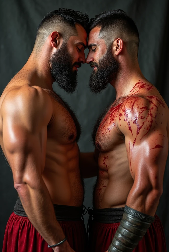 Two sexy, muscular, big-assed men with erect cocks who are giving love and caressing with beards and who are hairy like gladiators smeared with blood