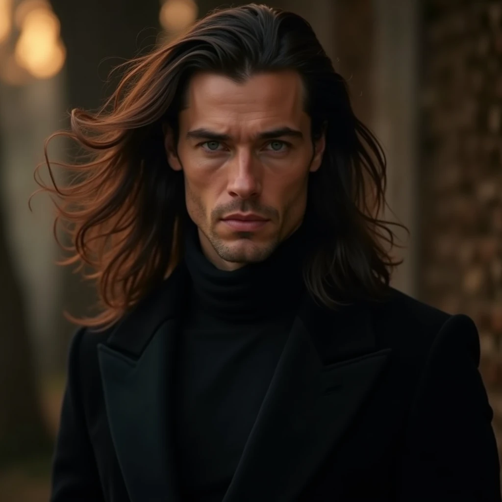 imagine a perfectly attractive 40 year old man. with a hypnotic beauty. Nordic man with flowing hair on his shoulder in an elegant black outfit in an enchanted atmosphere setting