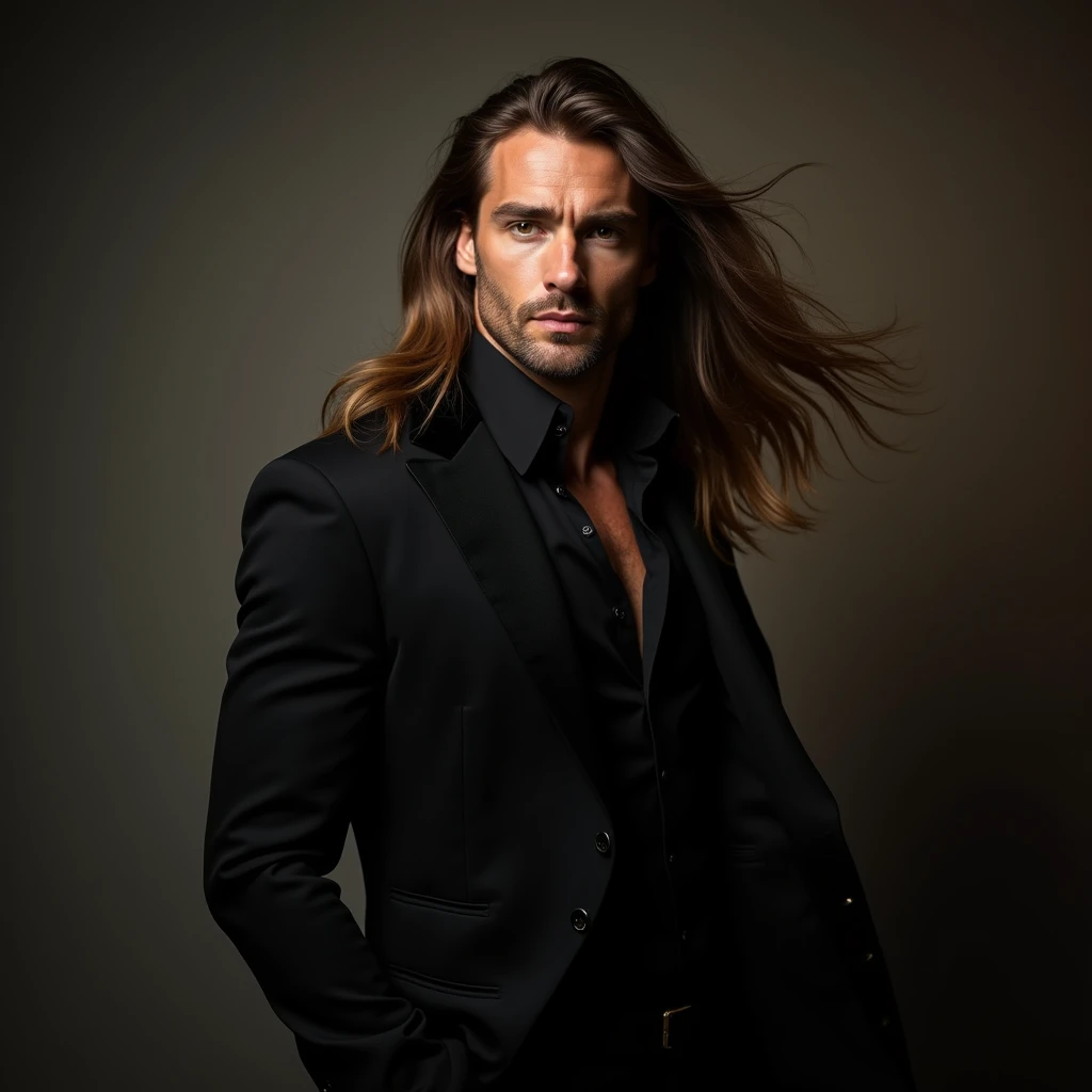 imagine a perfectly attractive 40 year old man. with a hypnotic beauty. Nordic man with flowing hair on his shoulder in an elegant black outfit in an enchanted atmosphere setting