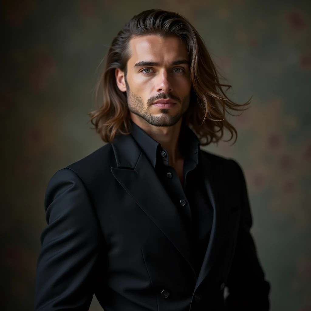 imagine a perfectly attractive 40 year old man. with a hypnotic beauty. Nordic man with flowing hair on his shoulder in an elegant black outfit in an enchanted atmosphere setting