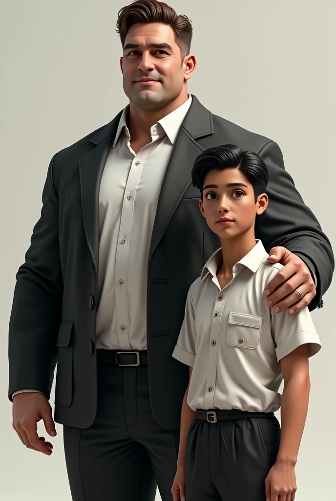 Create a somewhat robust man with 1 buttoned clothing.90 with brown hair, approximately 25 years old, with his student with a thin but athletic body, black hair, 13 years old
