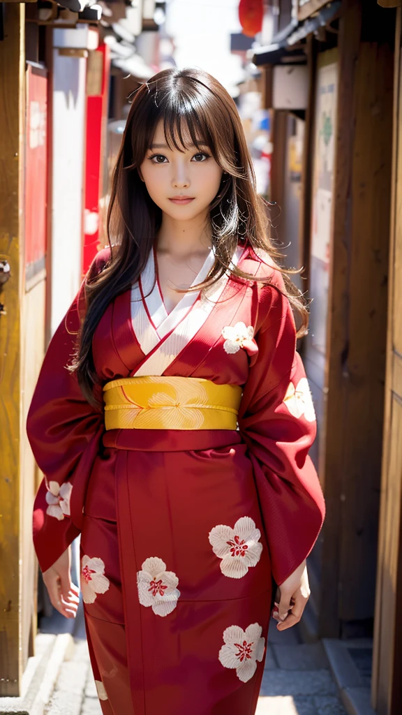 masterpiece, Highest quality，16K, Ultra-high resolution，The light and shadow of reality，Cinema Lenses，((Her waist is so slim and beautiful)),((High nose、Small Mouth)),((Clean and slim face line)),((Big dark eyes with long eyelashes)),((Very small face))((Very slim and beautiful arms)),((She is very thin and has a great figure)),((Pure white beautiful skin)),((Cute Japanese Girls)),(((Wearing a bright red kimono、yukata))),((Walking the streets of Tokyo)),(Beautiful Eyes:1.1)，Reflecting clear eyes and a gentle smile,