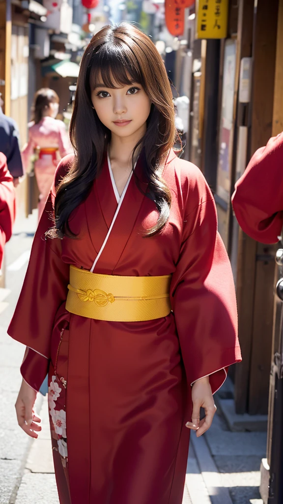 masterpiece, Highest quality，16K, Ultra-high resolution，The light and shadow of reality，Cinema Lenses，((Her waist is so slim and beautiful)),((High nose、Small Mouth)),((Clean and slim face line)),((Big dark eyes with long eyelashes)),((Very small face))((Very slim and beautiful arms)),((She is very thin and has a great figure)),((Pure white beautiful skin)),((Cute Japanese Girls)),(((Wearing a bright red kimono、yukata))),((Walking the streets of Tokyo)),(Beautiful Eyes:1.1)，Reflecting clear eyes and a gentle smile,