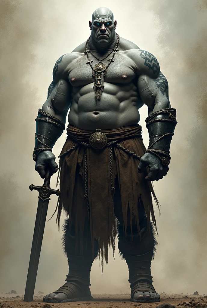 Waist-up profile picture of a goliath Height and Weight: Height of 2,28 meters and weighs 140 kg.
Skinned: His skin is gray with dark marks that spread all over his body..
hairs: he is bald.
eyeballs: His eyes are a pale blue Armor: He wears heavy armor that covers his entire body Weapon: In your hand, holds a long sword, that seems like an extension of his own strength and shield Wears a necklace of the goliath tribe