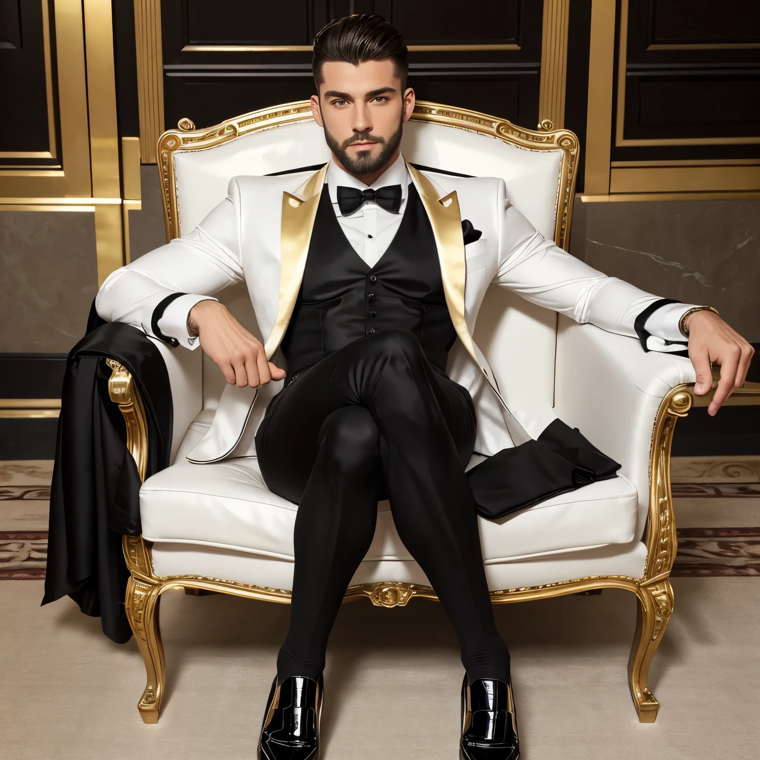 full view, full body, one over-muscular over-bodybuilded handsome white european guy with light-brown undercut haircut, very thin beard, ,no moustache, wearing hyper-tight white lycra suit looking like a tuxedo with black bow tie, black silk thin socks and black patent shoes, golden rings, waiting seated on armchair, in the hall of luxurious palace hotel in Paris, his black silk socks are visible