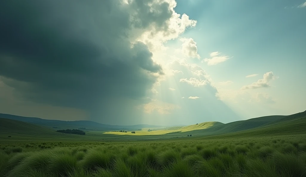 Envision a vast field with rolling hills under a dramatic cloudy sky. The sunlight breaks through in patches, creating a mosaic of light and shadow across the landscape, hinting at an approaching storm.