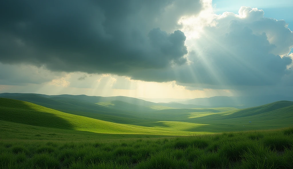 Envision a vast field with rolling hills under a dramatic cloudy sky. The sunlight breaks through in patches, creating a mosaic of light and shadow across the landscape, hinting at an approaching storm.

