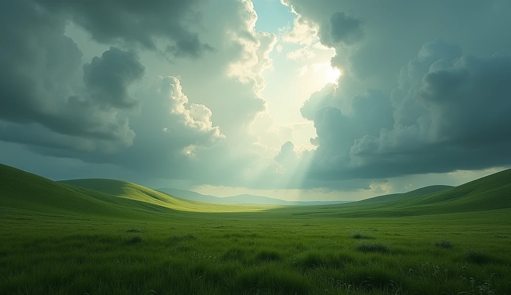 Envision a vast field with rolling hills under a dramatic cloudy sky. The sunlight breaks through in patches, creating a mosaic of light and shadow across the landscape, hinting at an approaching storm.