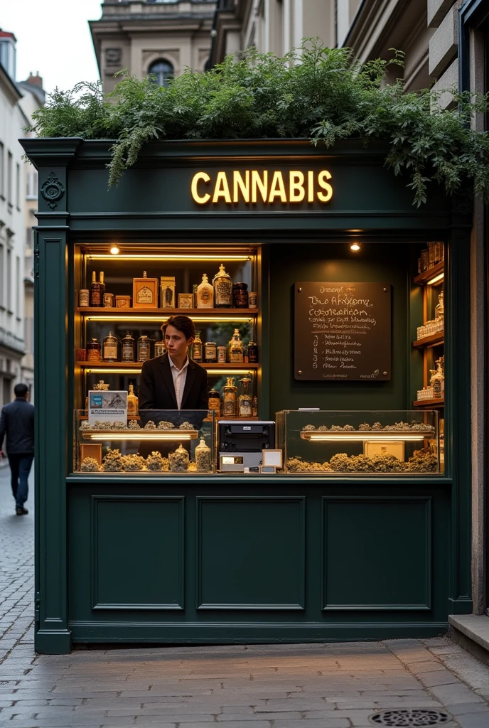 Create me a kiosk in Berlin with a blank board on the wall that offers cannabis and hashish 