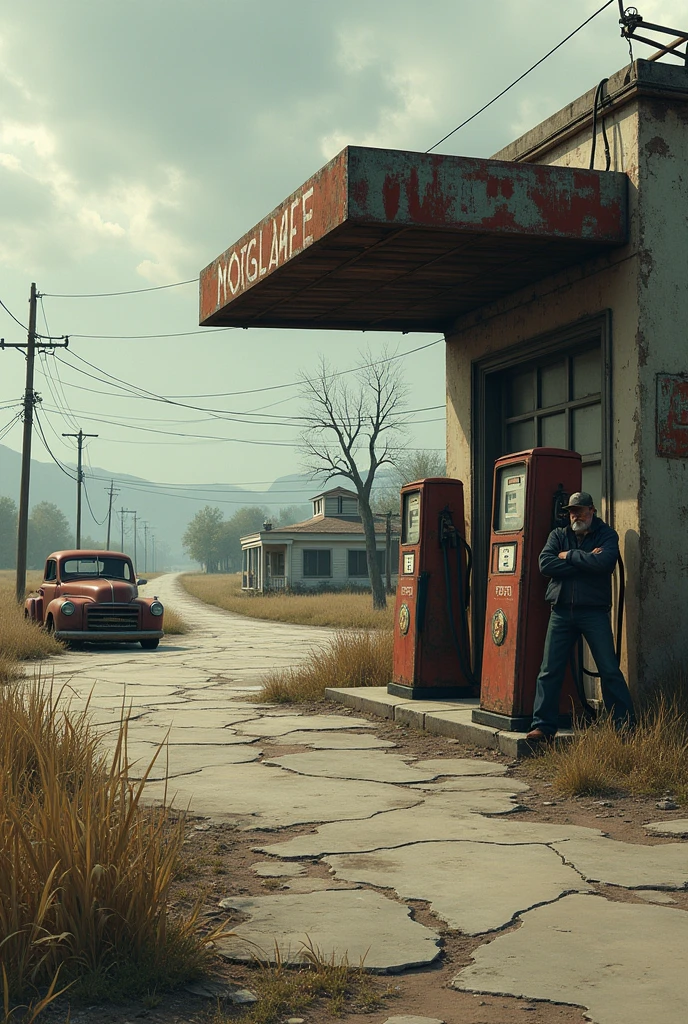 "A run-down gas station on the edge of town